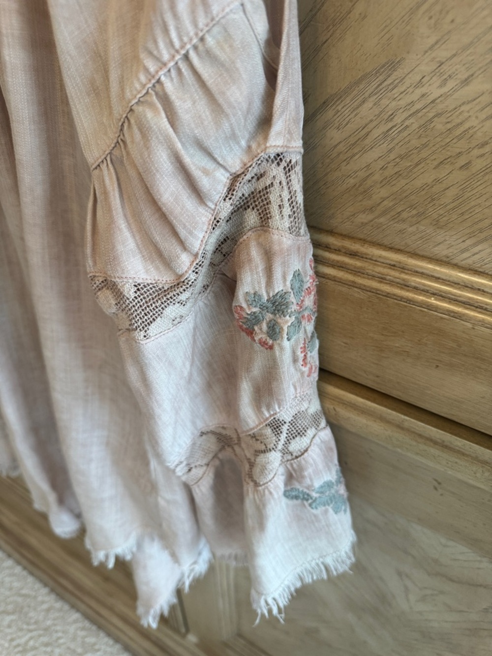 Light Blush Off-the-Shoulder Boho Top with Embroidered Sleeves - Picture 2 of 5
